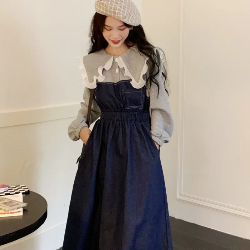 

Новинка 2021, корейская мода, элегантное темпераментное джинсовое платье с кукольным воротником и вставками из двух частей с эластичным пояс...