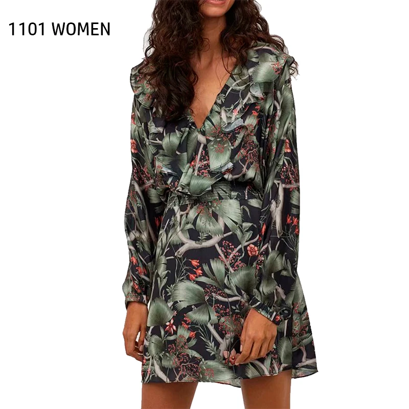 ZA Новое весеннее женское зеленое платье с цветочным принтом и v образным вырезом