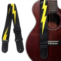 guitar strap adjustable yellow lightning pattern with genuine leather head for acoustic electric bass guitar
