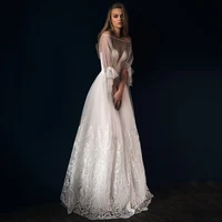 uzn two piece wedding dress off the shoulder long puffy sleeves lace appliques bridal gown v neck a line tulle wedding gowns