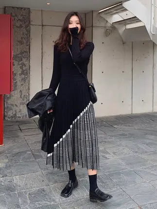 

Houndstooth knitted Mid-Length Pleated Splicing A-line Half Female High-Waist Tight Fashion Black Cotton Soft Skirts