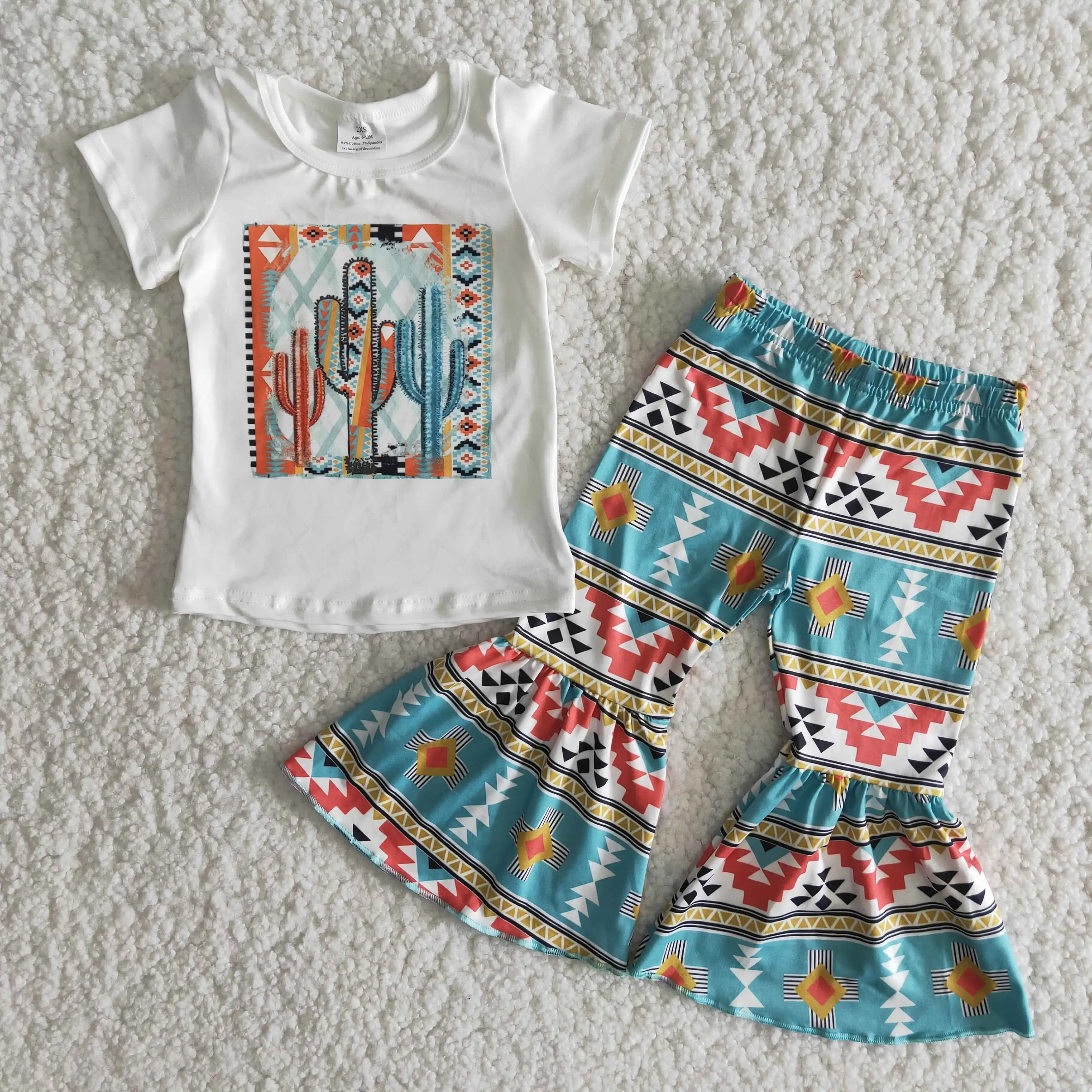 

Baby girls national Spring cactus outfits short sleeves T-shirt bell bottom printed pants kids clothing sets Children boutique