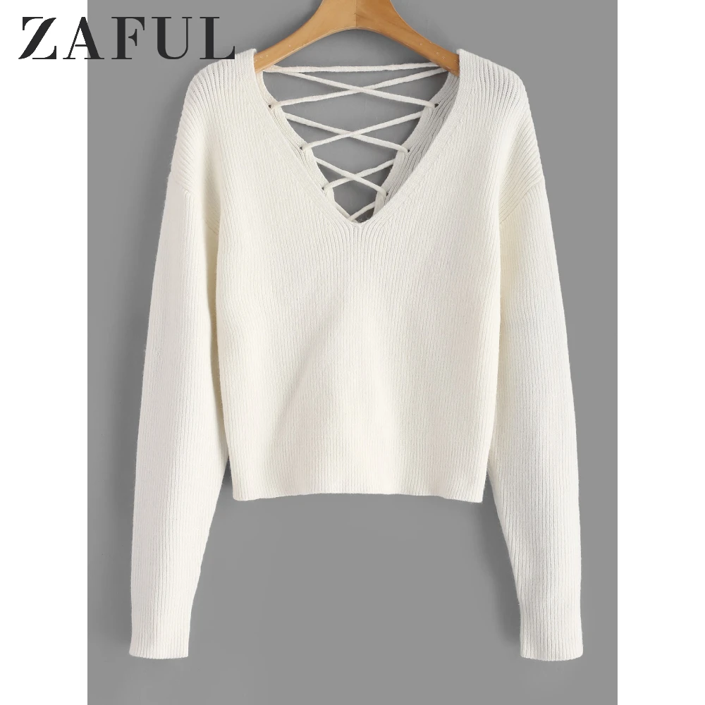 Женский трикотажный свитер ZAFUL с открытой спиной v-образным вырезом и длинным