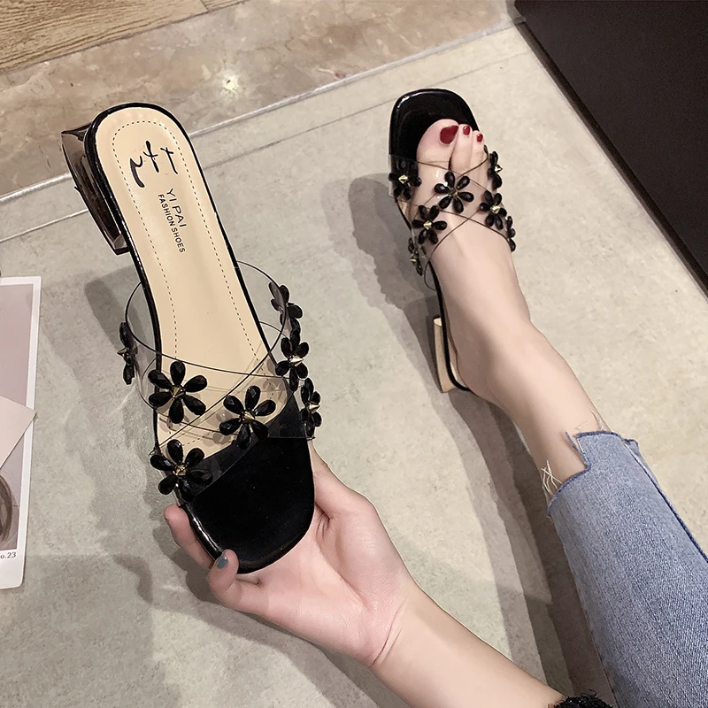 

Shoes Slippers Casual Slipers Women Transparent Heel Slides Low Jelly Flip Flops Flower Luxury 2021 Summer Glitter Flat Rubber C