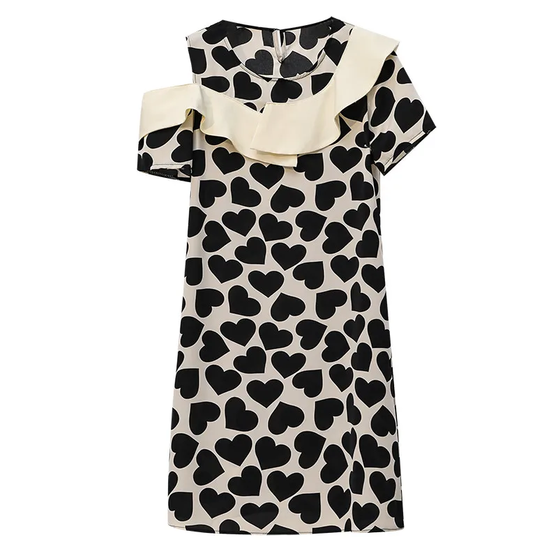 

2021 Summer New Women Dress Plus Size Loose Love pattern Printted O-neck Ruffles Short Sleeve Above knee Dress Vestidos