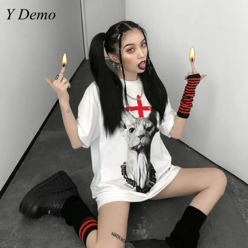 Женская свободная футболка с коротким рукавом и принтом кота Повседневная