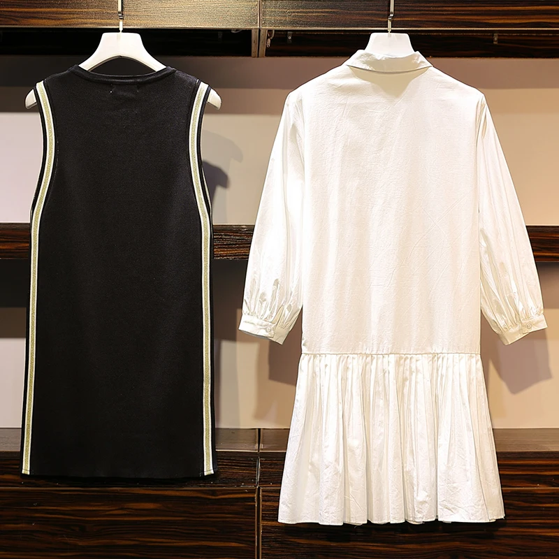 Trytree 2019 Autumn Women two piece set Casual Solid Knitted Tank Top + Dress Turn-down Collar Mini Office Lady Set 2 Piece | Женская