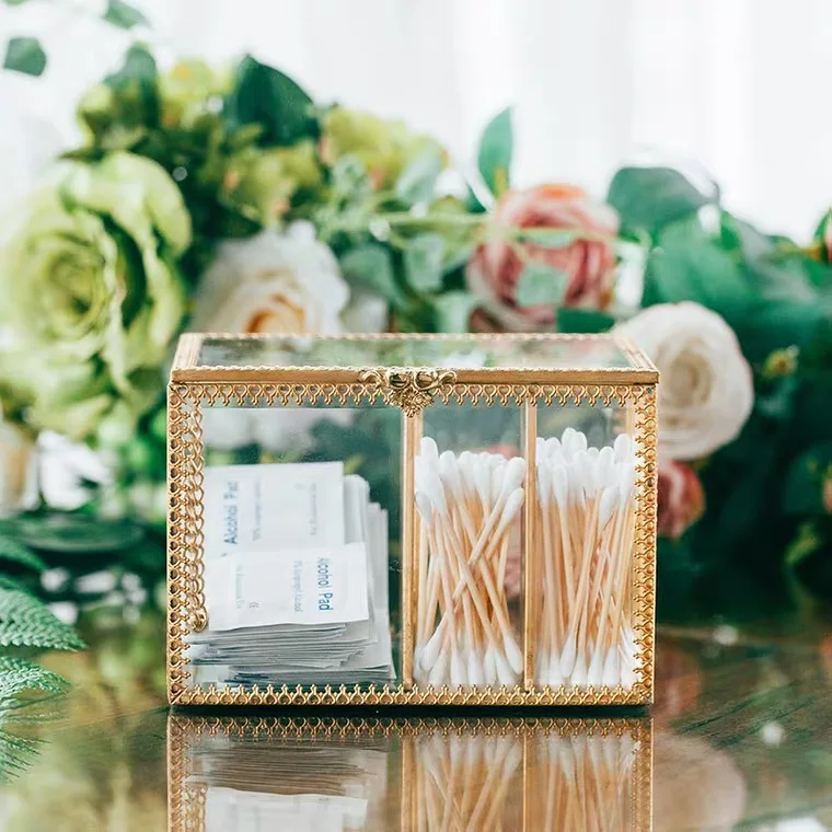 

Nordic Retro Brass Glass Cotton Swab Box Lipstick Cosmetic Jewelry Storage Holder Dressing Table Makeup Organizer Bathroom Case
