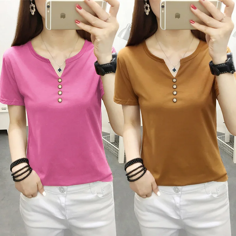 

2021 Women Summer Cotton T-Shirt V-Neck Buttons Short Sleeve Female Tee Slim T-Shirt Casual Solid Lady Tshirt Tops