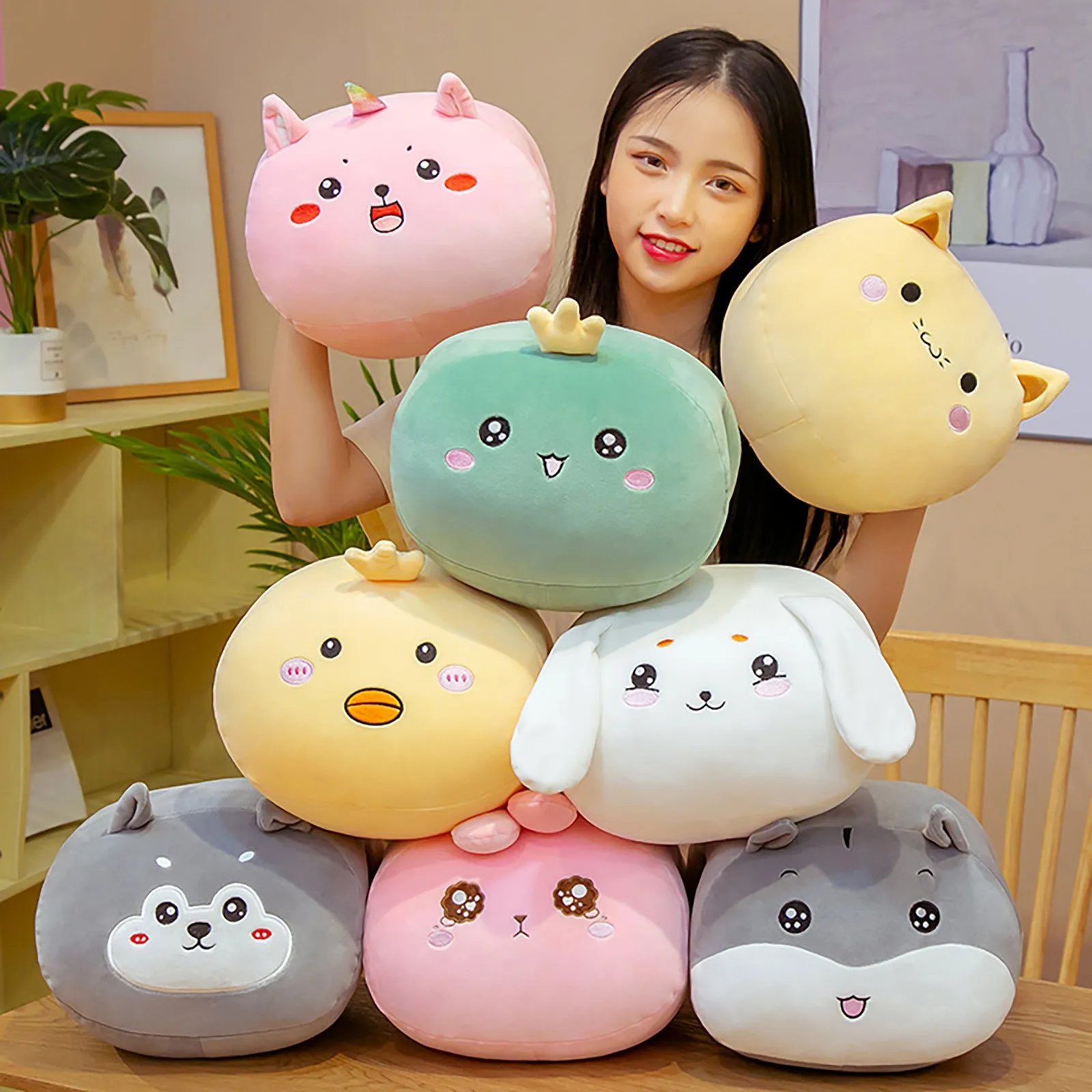 

Ball Animal Head Pillow Squishy Hands Warmer Stuffed Doll Fruits Animals Hands Pillows Penguin Pig Dino Chick Monkey Carrot 30cm