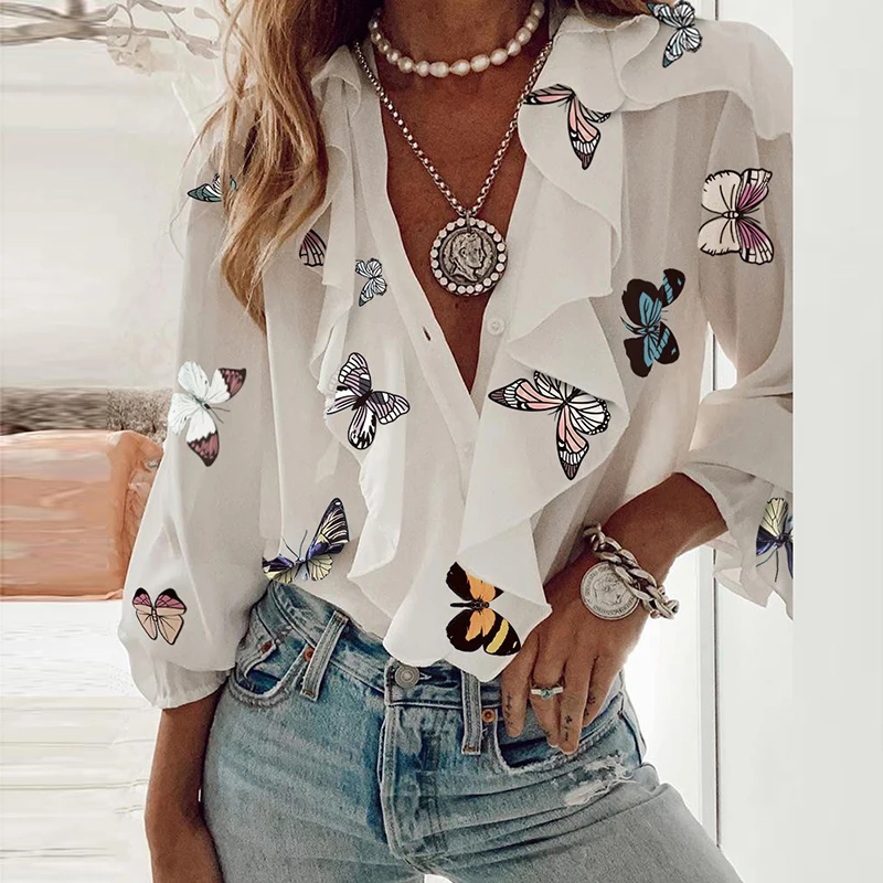 Женский топ с цветочным принтом элегантный офисный V-образным вырезом и оборками