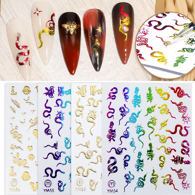 

New Colorful Gold Snake Bee Dragon Pattern Nail Stickers Self Adhesive 3D Strip Line DIY Manicure Foil Decals
