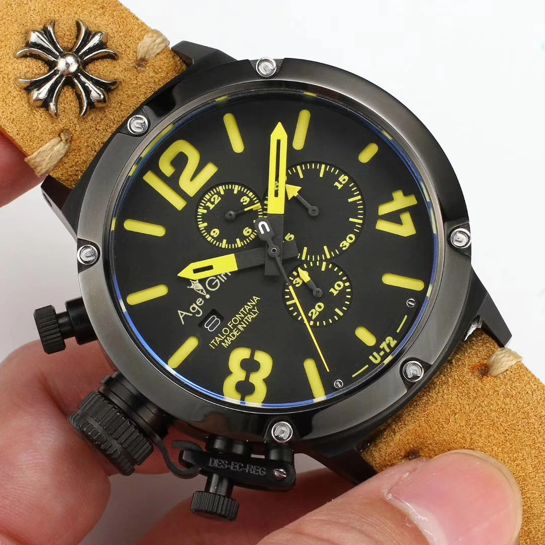 Brown Yellow Совершенно Секундомер-хронограф для мужчин U CHRONOMETER U72 Chimera Состаренный коричневый корова черный корпус кожа лодка часы сапфир Оранжевый Белый - Цвет: Brown Yellow