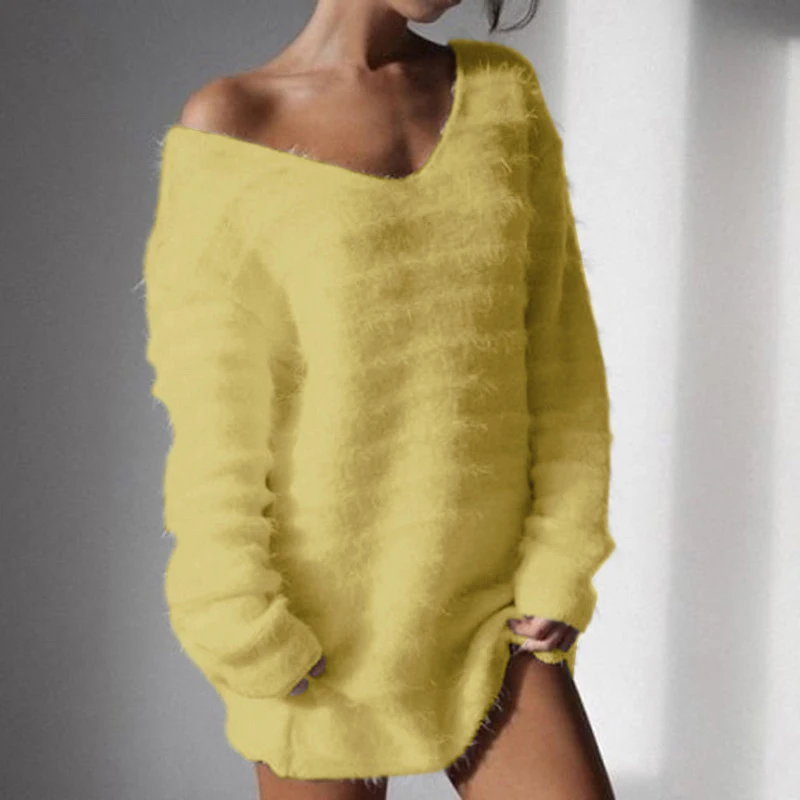 

Plus Size 5XL 2020 Autumn and Winter Fashion Sweater for Women Pure Color Long Sleeve Crop Sweater Deep V-neck England Sweater