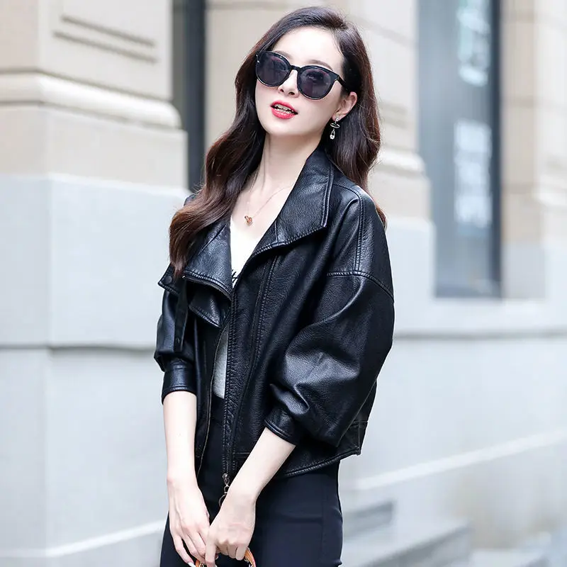 

2021 new women's leather jacket short loose leather jacket double collar temperament large size motorcycle leather jacket