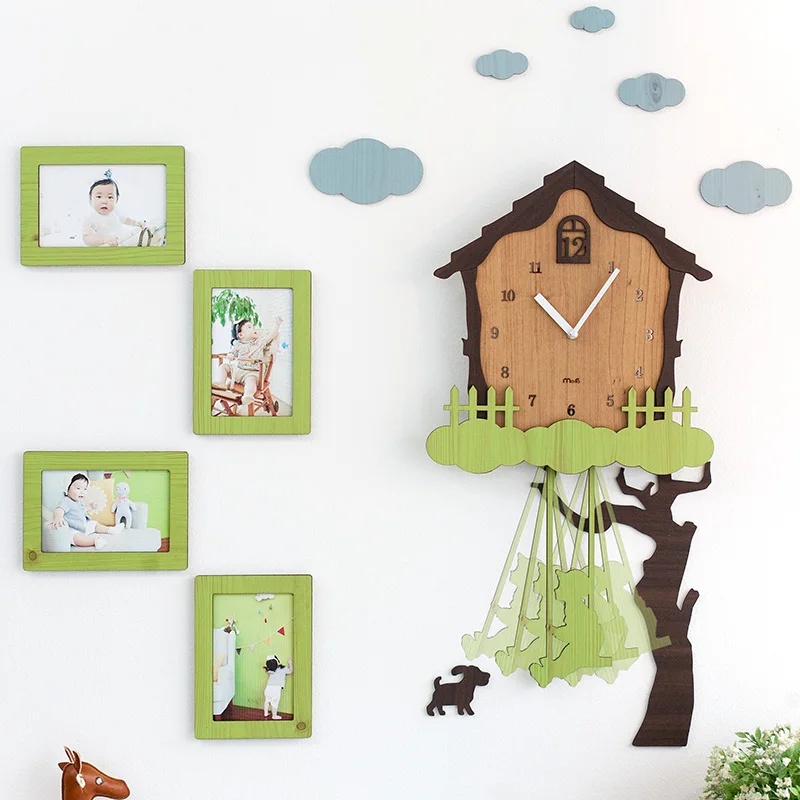 

Wooden Wall Clock Cute Pendulum Cartoon Art Kids Silence Wall Clock Boys Photo Frame Room Reloj Mural Home Decoration WE50WC