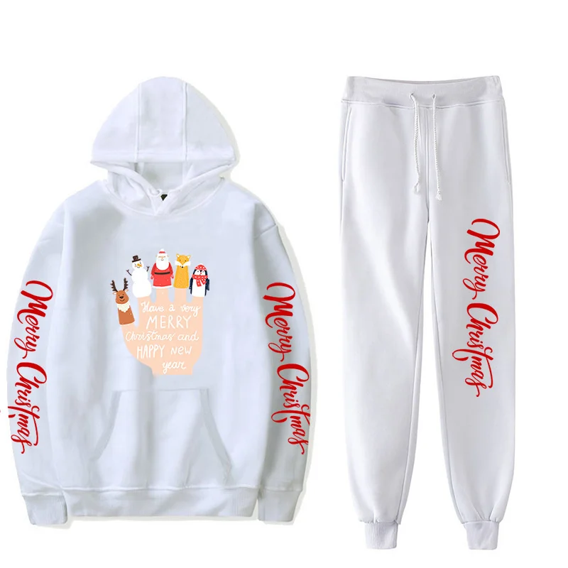 Christmas Hoodies Sweapants Two Piece Suit Pullovers Solid Casual Sweatshirts Pants Set Hooded Pockets Sportswear Tracksuit 2021
