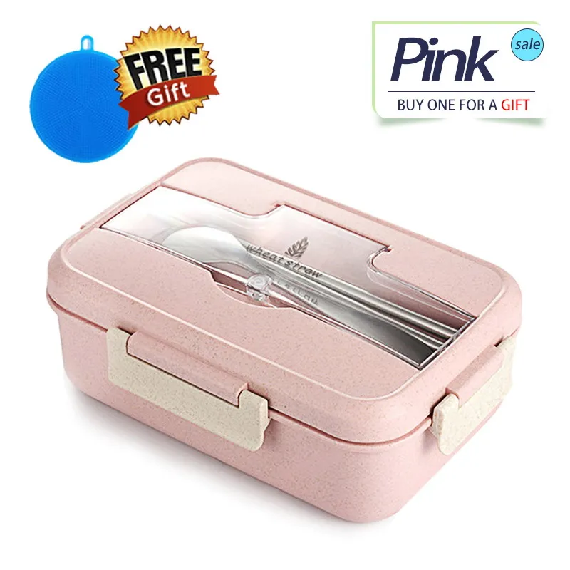 pink Bento Ланч-бокс для детей с ложкой палочки для еды контейнер герметичный BPA бесплатно Пшеничная солома набор посуды Экологичная коробка для еды - Цвет: pink