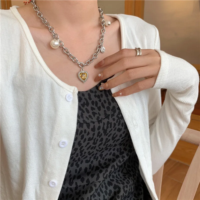 

U-Magical Stylish Stainless Steel Oversize Faux Pearl Love Heart Pendant Necklace for Women Rhinestone Chain Necklace Jewelry