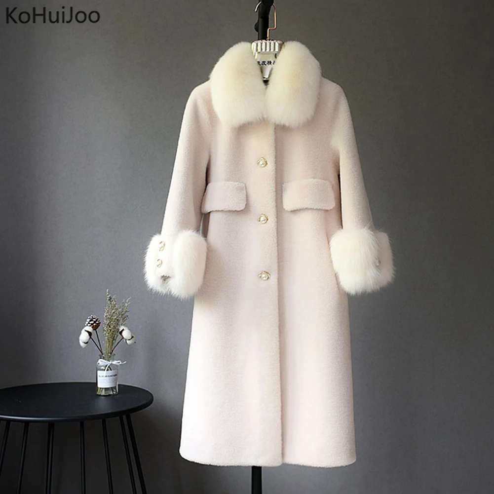Winter 100% Natural Lambs Wool Fur Coat Women Single Breasted Button Up Real Fox Fur Collar Long Woolen Jackets High Quality