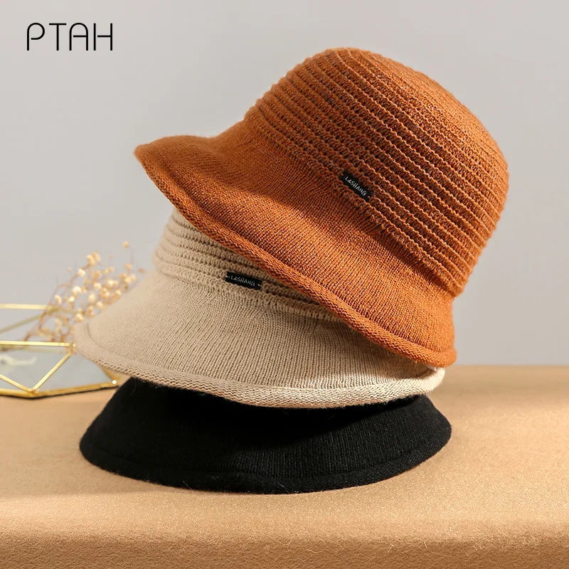 

[PTAH] Winter Hats for Woman New Fashion Wramer Softer Knitted Woolen Hat Girls Autumn Female Warmer Bucket Hats Ladies Casual