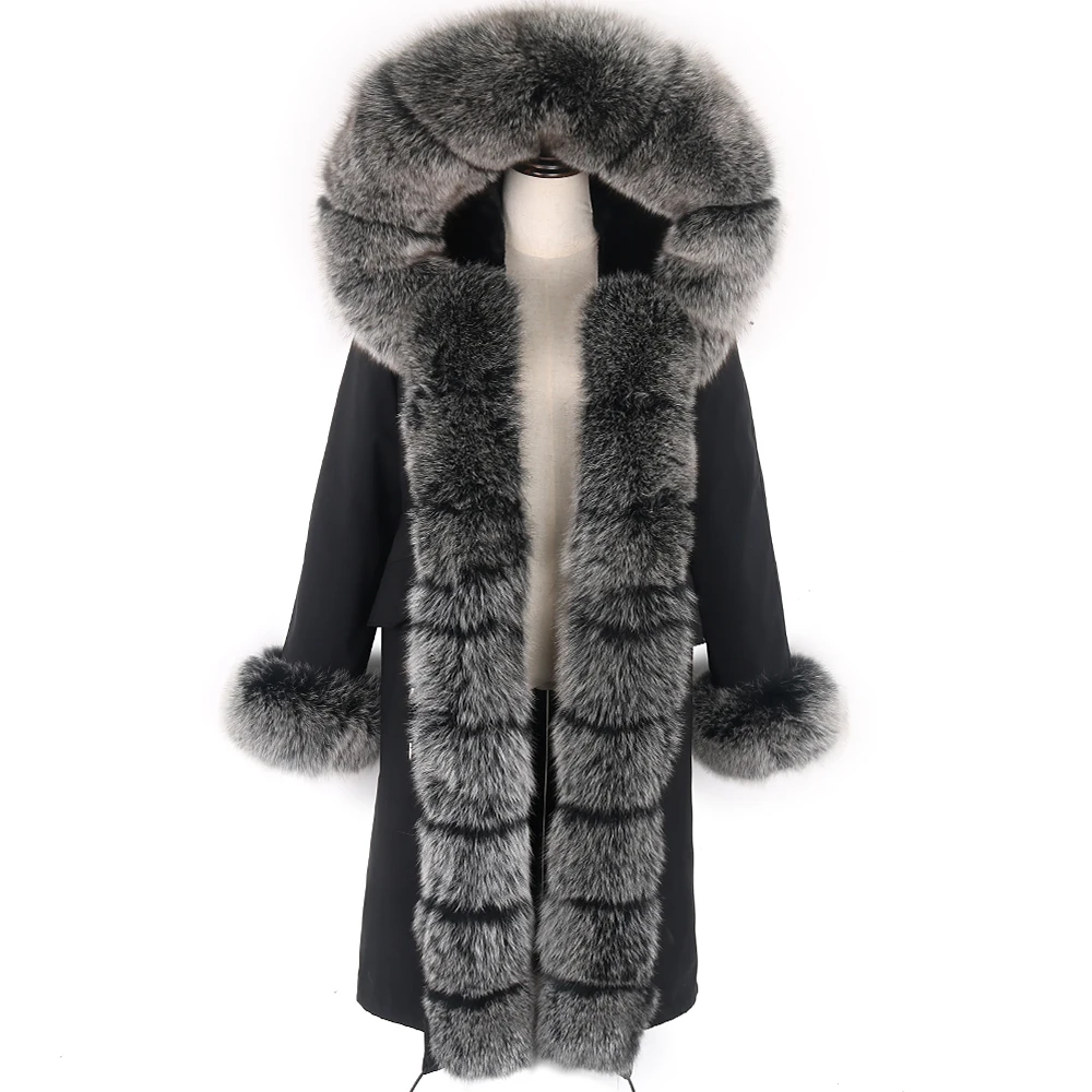 

Real Fox Fur Coat Women X-Long Parka Waterproof New Winter Jacket Big Natural Fur Collar Thick Warm Artificial Rabbit Fur Liner