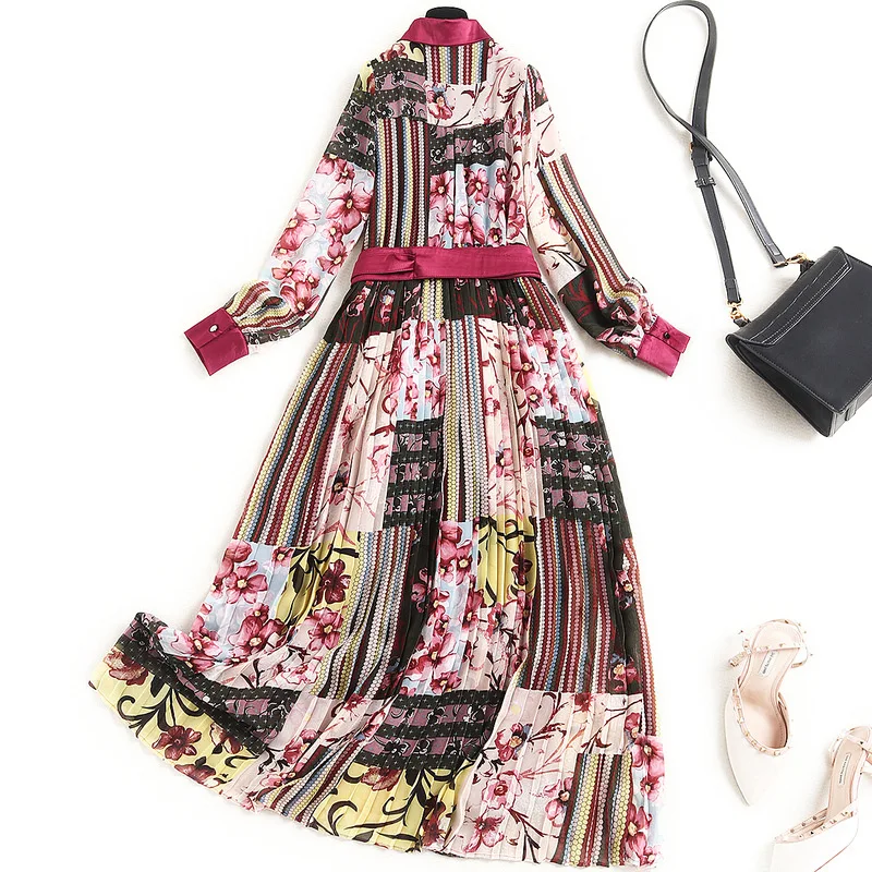 

AELESEEN Runway Fashion Women Dress Spring Long Sleeve Colorful Print Flower Belt Elegant Party Holiday Pleated Dress
