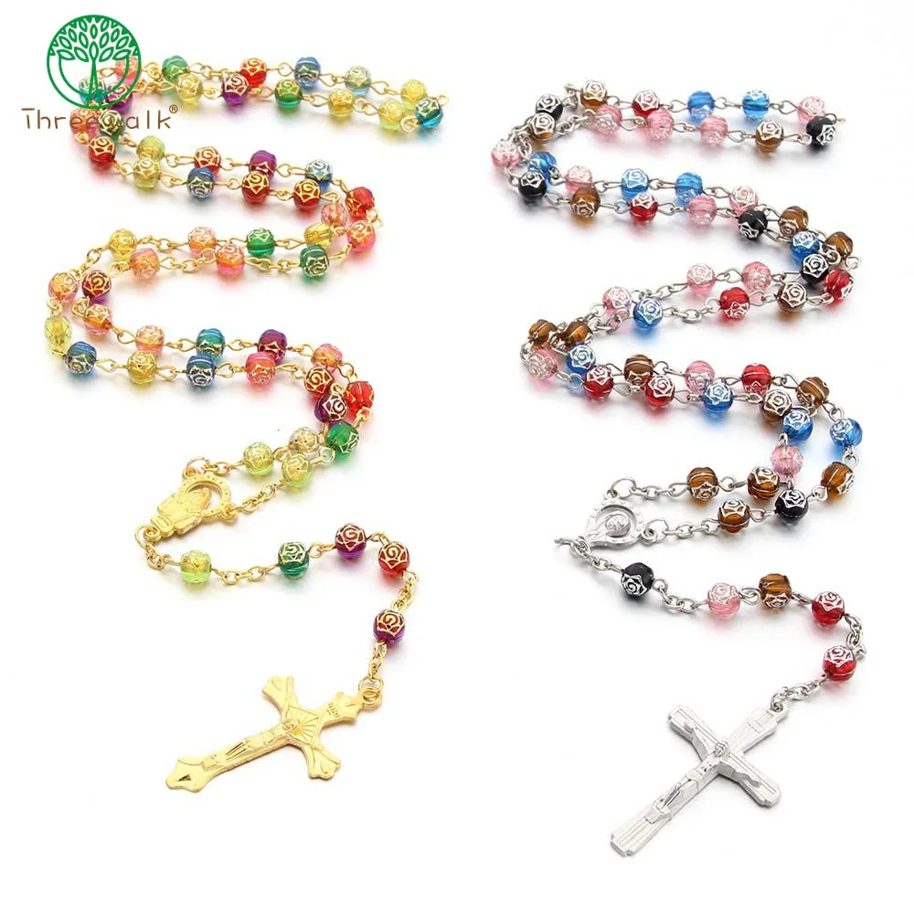 Красочные акриловые бусины в виде роз ожерелье с религиозным крестом