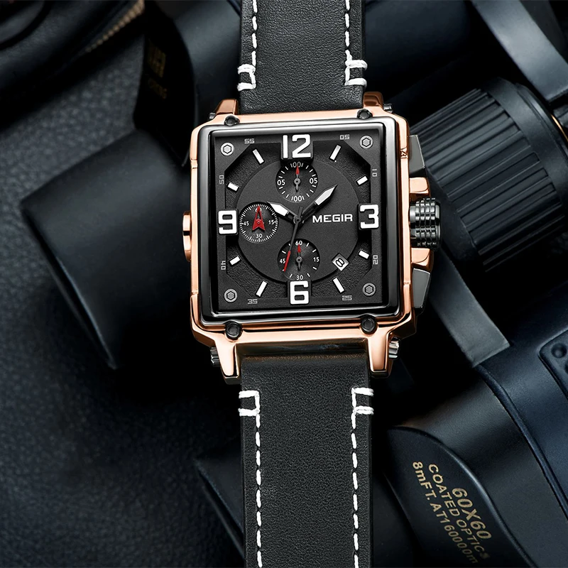 

MEGIR NEW Men Sport Watches Luxury Brand Men's Quartz Clock Man Army Military Leather Wrist Watch Rectangle Relogio Masculino