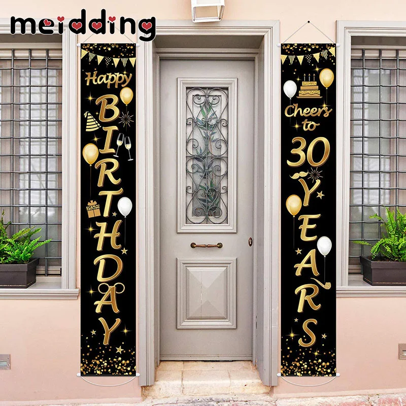 

30 40 50 60 Years Birthday Door Hanging Banner Black and Gold Yard Sign Door Banner Adult Birthday Party Decorations Supplies