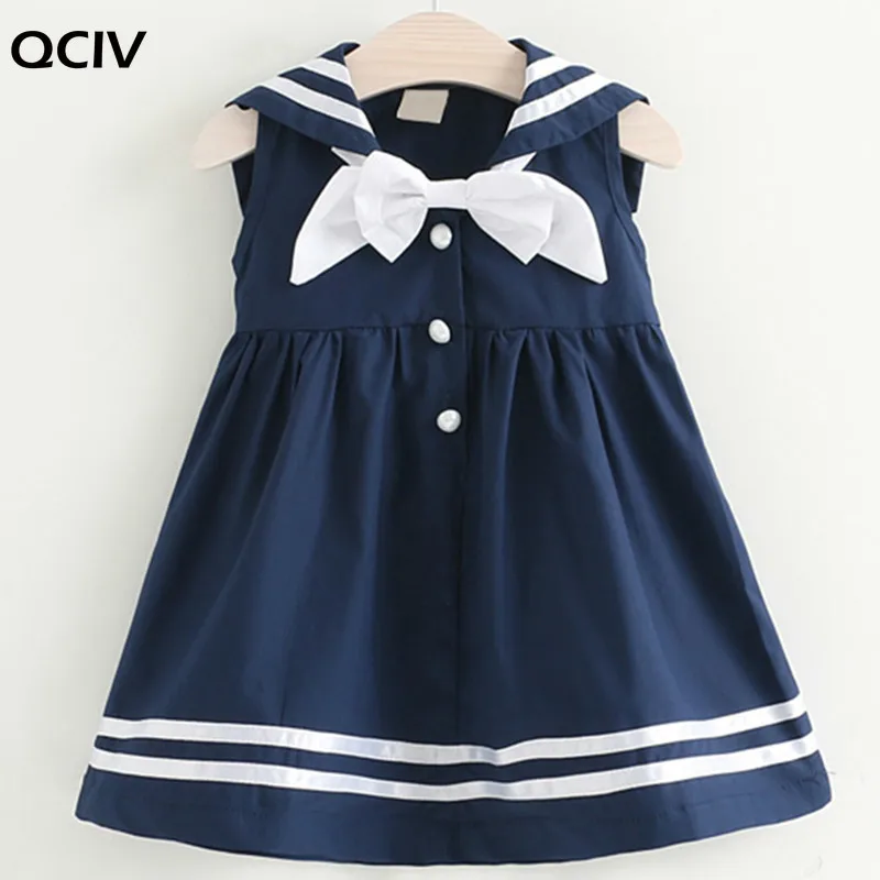 

New Girls College Dress Summer Sailor Suit Button Decoration Girl Kids Dress Bow Baby Girl Dress 3 5 7 Years Students Clothes