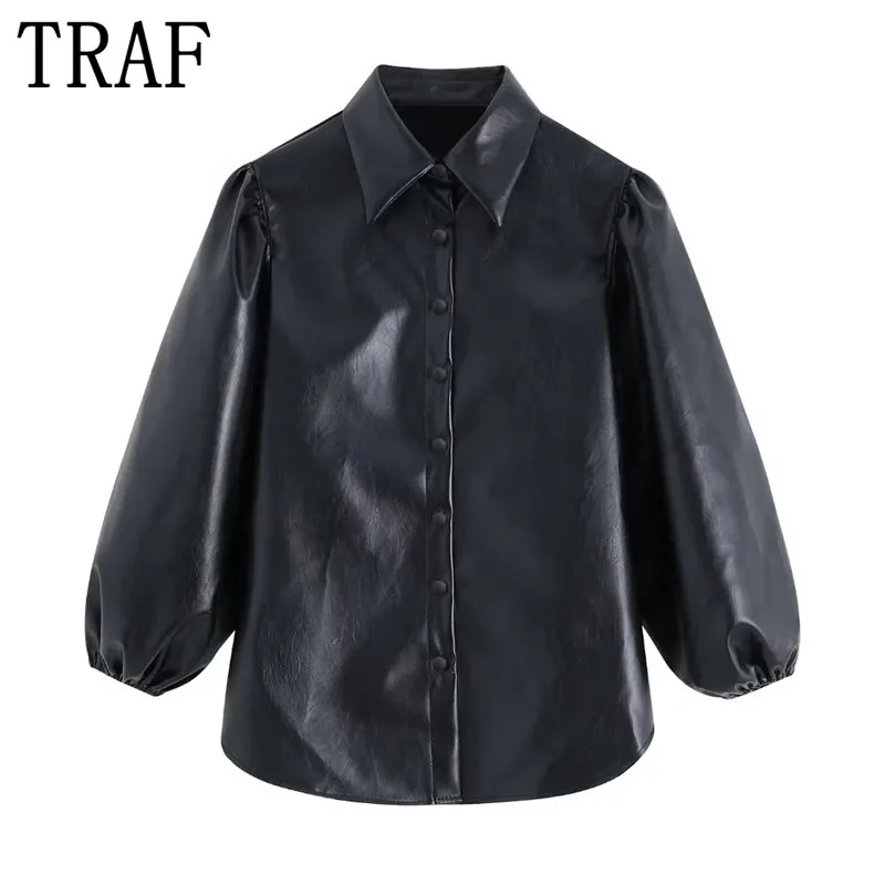 

TRAF Za Black Faux Leather Shirt Women Baggy Button Up Shirt Woman Ruched Puff Sleeve Top Female 2021 Streetwear Vintage Blouse