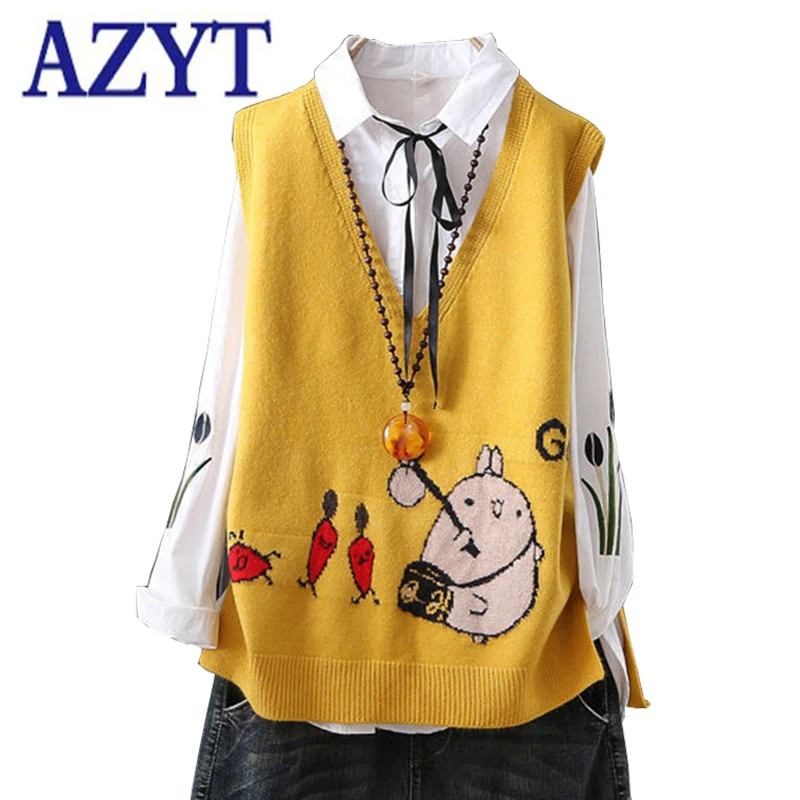 

AZYT Autumn Pullover V Neck Sweater Vest Cartoon Print Knit Sleeveless Tank Tops 2022 Casual Streetwear Waistcoat For Women