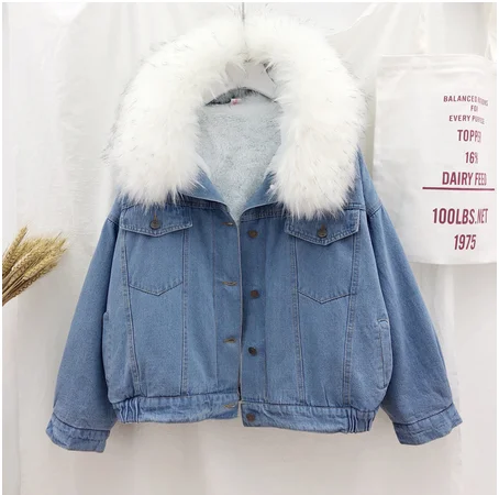 SAGACE Velvet Thick Denim Jacket Female Winter Big Fur Collar Korean Locomotive Lamb Coat Student Short High Quality | Женская одежда