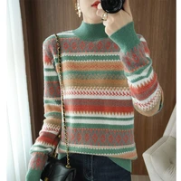 new autumn and winter fashion jacquard half high round neck sweater women 100 pure wool loose thick soft knitted bottoming shirt
