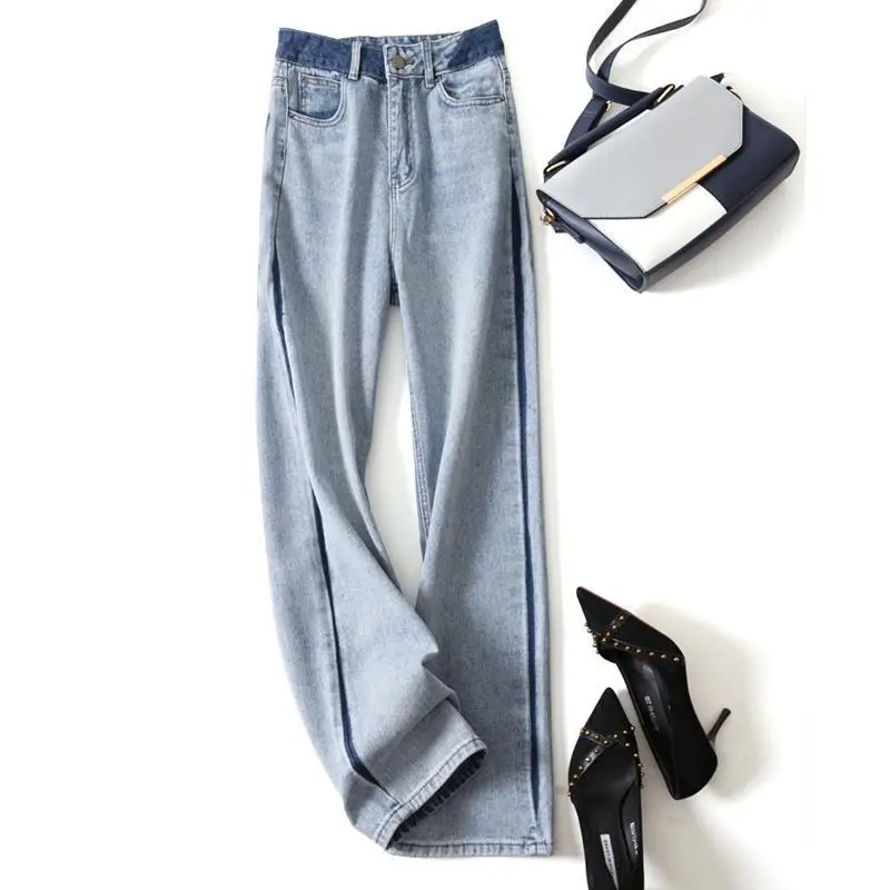 

D6562 Distressed Patchwork Chic Design Women Denim Pants High Waist Straight Soft Thin Light Blue Wide Leg Mopping Jeans Female