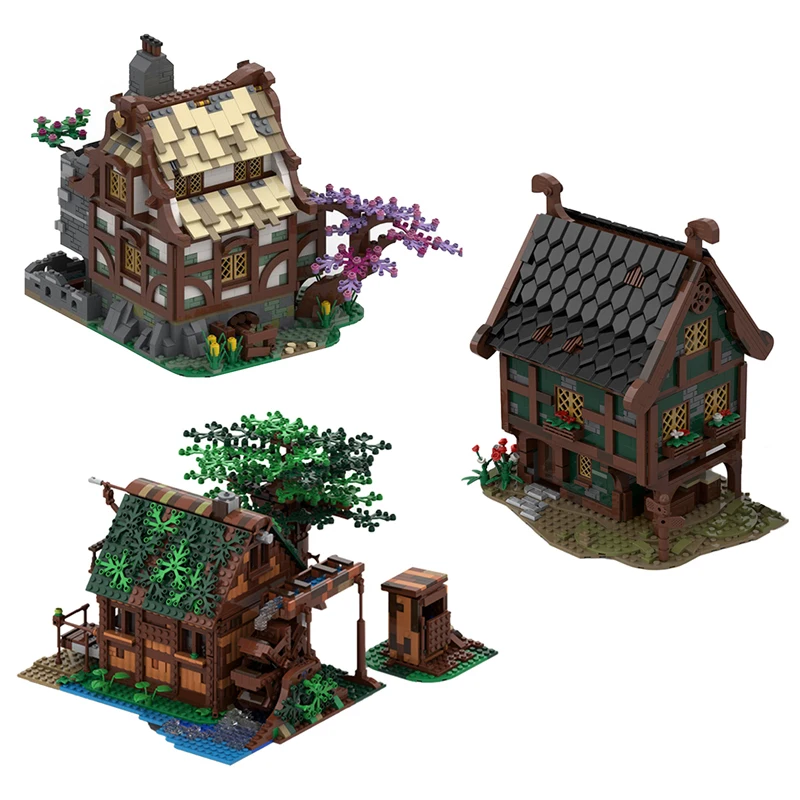 

Строительные блоки MOC, архитектурная серия, средневековый торговый магазин, дом на дереве, ферма, набор строительных блоков, кубики для водн...