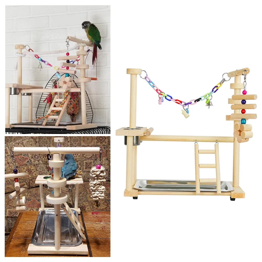 

Bird Playground Wood Parrots Play Stand Play Gym Parakeet Playpen Ladder Swing Stainless Steel Pet Bird Chew Toy With Feeder Cup