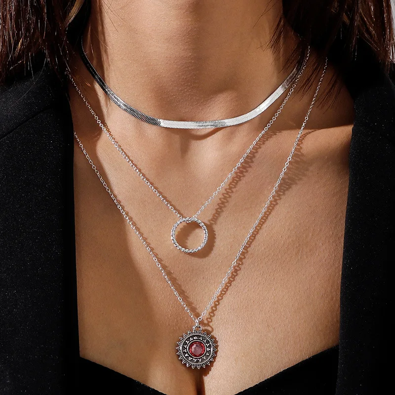 

Necklace for Women Geometry Bohemia Multilayer Necklace Round Circle Red Stone Pendant Jewelry Accessories Women Necklace