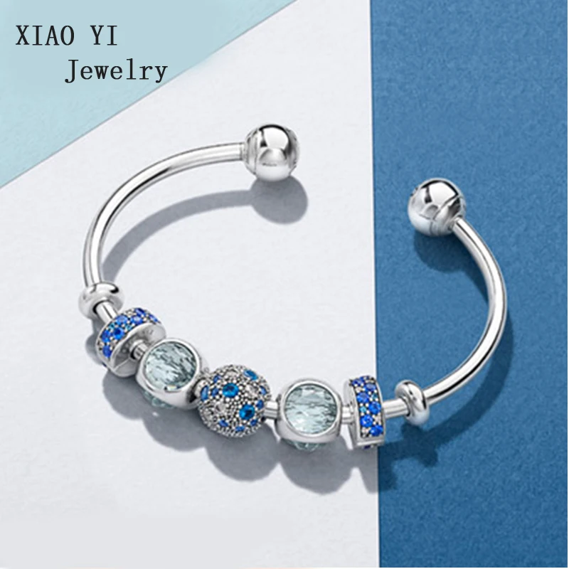 

XIAOYI jewelry 100% S925 11 charm blue open 925 silver bracelet 596477 classic personality simple woman