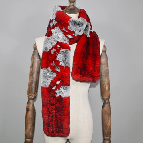 red gray Winter Long Style Women Real Rex Rabbit Fur Scarf Rex Rabbit Fur Warm Soft Ring Scarfs High Quality Knit Rabbit Fur Scarves - Цвет: red gray