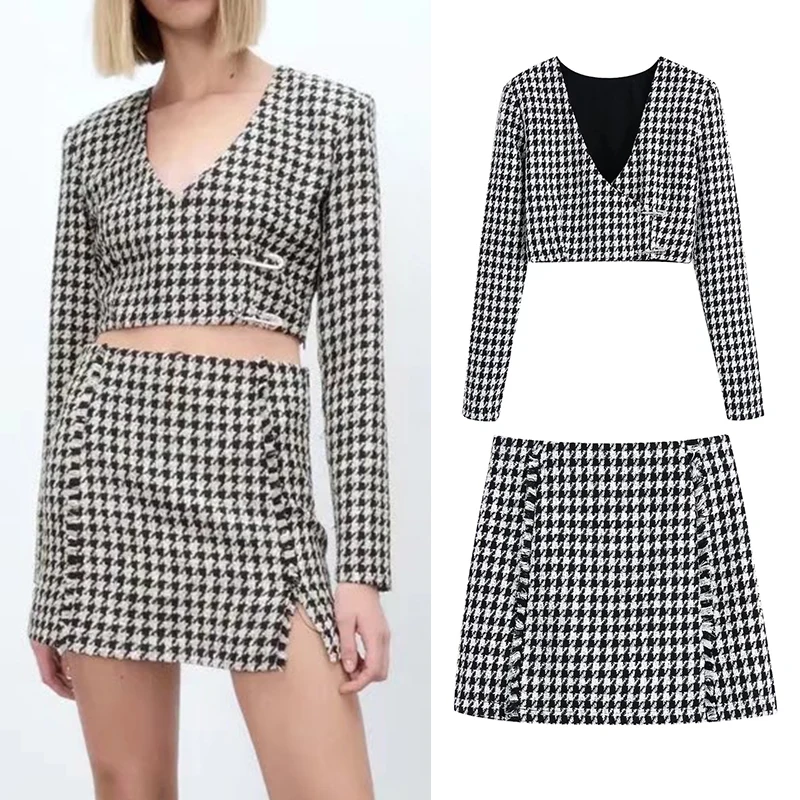 

Клетчатый текстурированный женский офисный комплект, укороченная блузка с длинным рукавом и мини-юбка А-силуэта, шикарные женские облегающ...