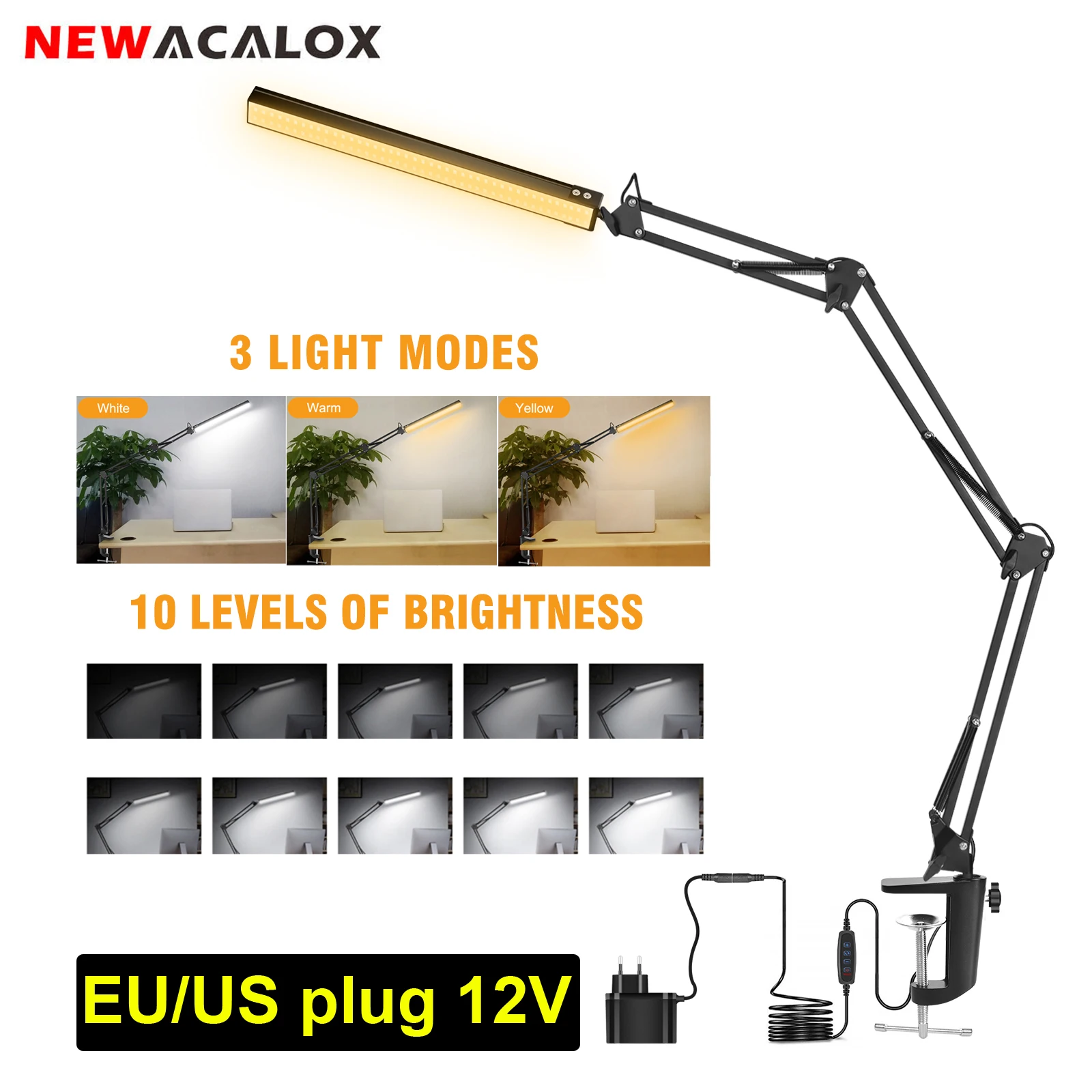 NEWACALOX 24W LED Desk Lamp EU/US 12V Eye-Caring Metal Swing