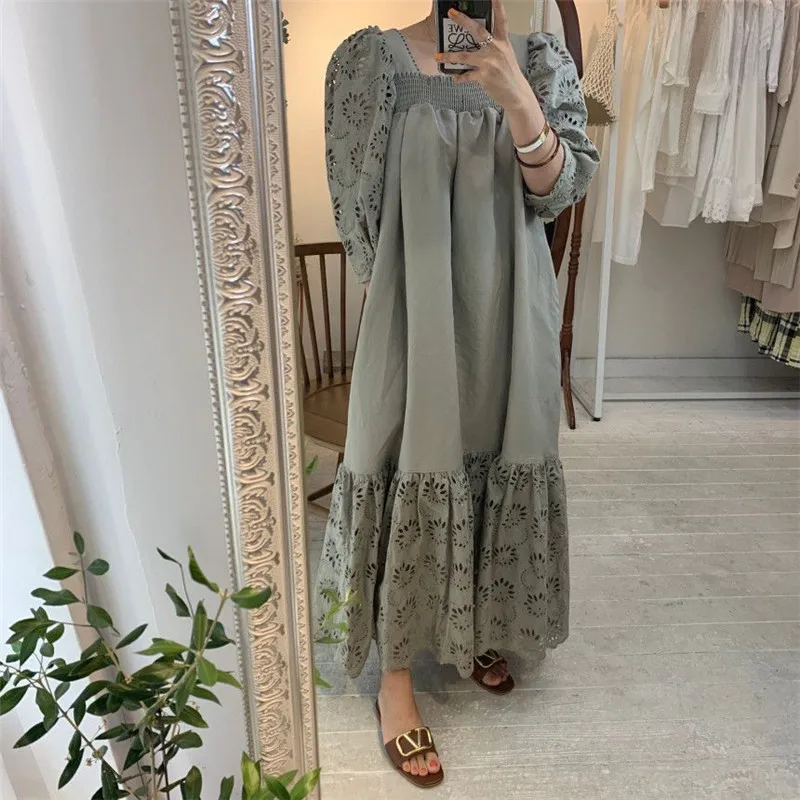 

2021 square collar retro hollow lace stitching loose dress women