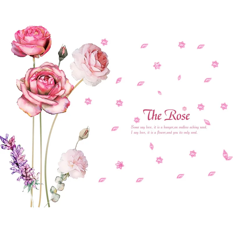 

PVC Romantic Pink Rose Wall Stickers Flower On Art Nursery Decals Mural For Kidsroom Bedroom Living Room Decor Home Wallpaper