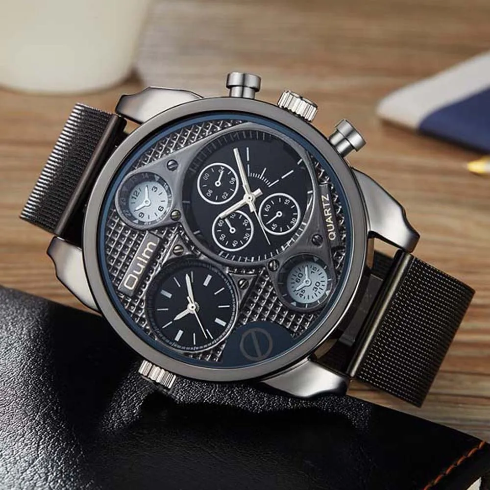 

Часы наручные Oulm Мужские спортивные с двумя часовыми поясами, брендовые Роскошные Кварцевые с черным сетчатым браслетом