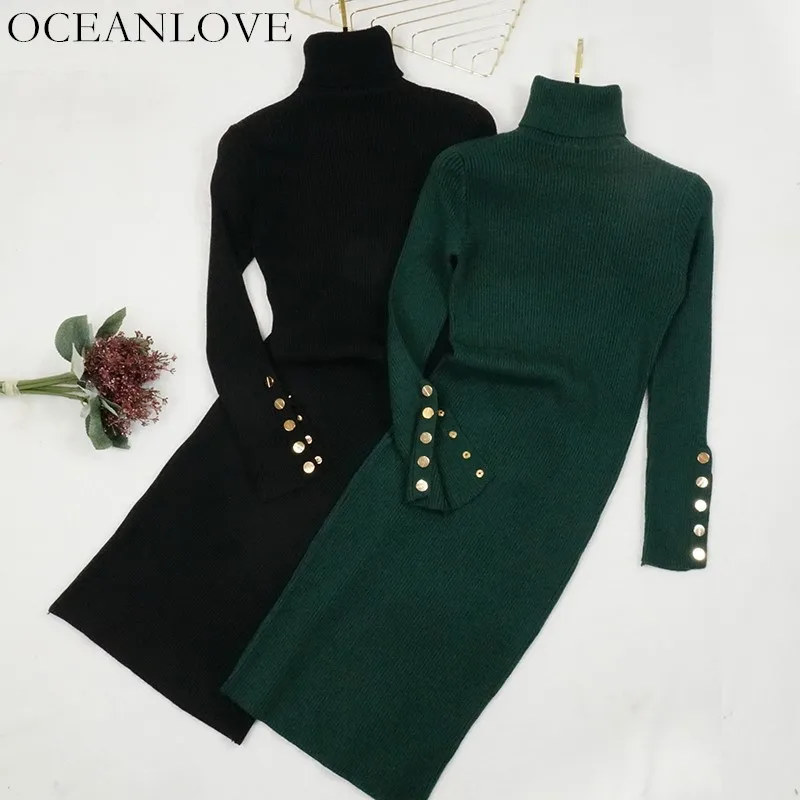 OCEANLOVE Bodycon Dress Button Turtleneck Knitted Midi Dresses Long Sleeve Autumn Winter Vestidos Slim Sexy Robe Femme 12310