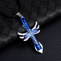 gothic men 2 layer metal cross necklace trendy women jewelry stainless angel wings pendant rope chain gift
