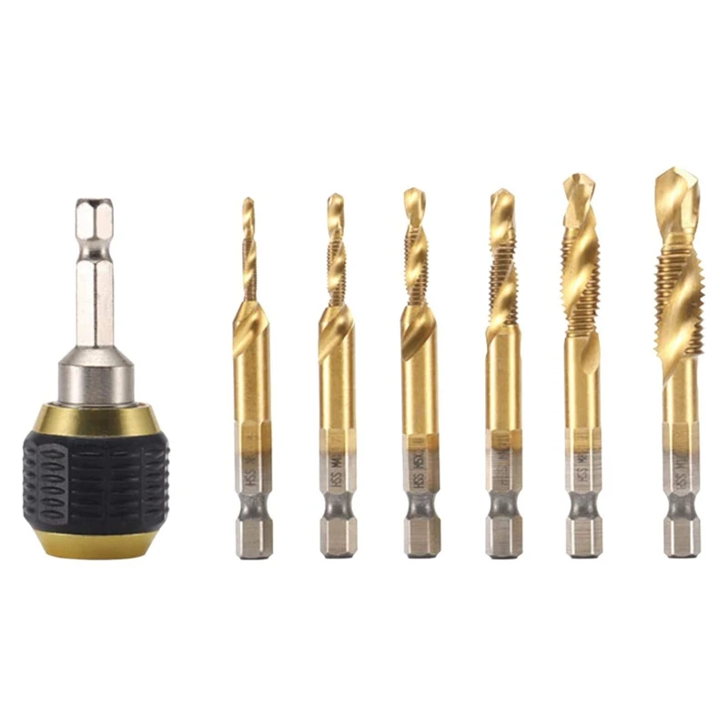 

7Pcs Titanium Combination Drill Tap Bit Set Portable Screw Tapping 1/4 Hex Shank Drill Quick Change Chuck Drill Tap Bits