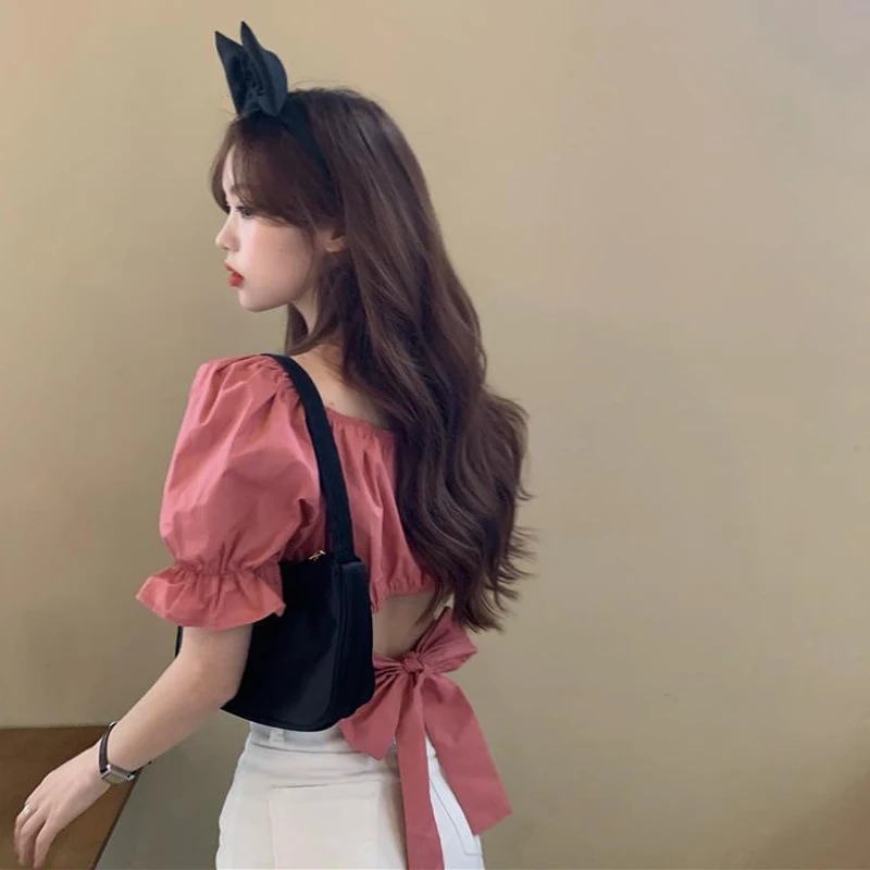 

Summer Hollow Out T-shirt Tops Women Solid Puff Sleeve Square Collar Bow Waist Crop Top Female 2021 New Sweet Cute Lady T-shirts